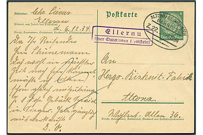 6 pfg. Hindenburg helsagsbrevkort annulleret med bureaustempel Altona - Neumünster Bahnpost Z.22 d. 6.12.1934 og sidestemplet med rammestempel Ellerau über Quickborn (Holstein) til Altona. Hjørne fold.