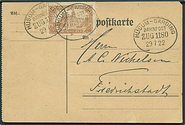 1,50 mk. Reichpostamt på infla brevkort fra Garding annulleret med bureaustempel Husum - Garding Bahnpost Zug 1180 d. 29.7.1922 til Friedrichstadt.