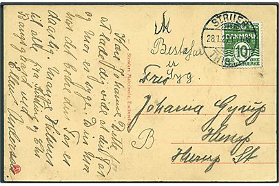 10 øre Bølgelinie på brevkort annulleret med bureaustempel Struer - Thisted T.1108 d. 28.1.1927 til Hurup St.