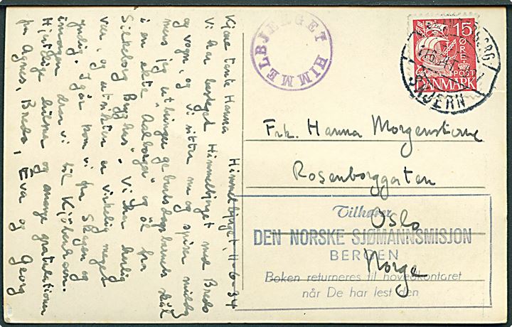 15 øre Karavel på brevkort (Himmelbjerget) annulleret med bureaustempel Skanderborg - Skjern T.997 d. 11.6.1934 og sidestemplet Himmelbjerget til Oslo, Norge. 