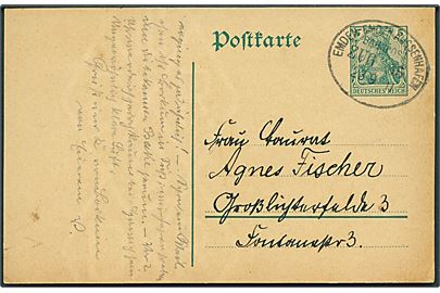 5 pfg. Germania helsagsbrevkort dateret på Borkum annulleret med bureaustempel Emden - Emden Aussenhafen Bahnpost Zug 65 d. 23.9.1911 til Gross Lichterfelde.