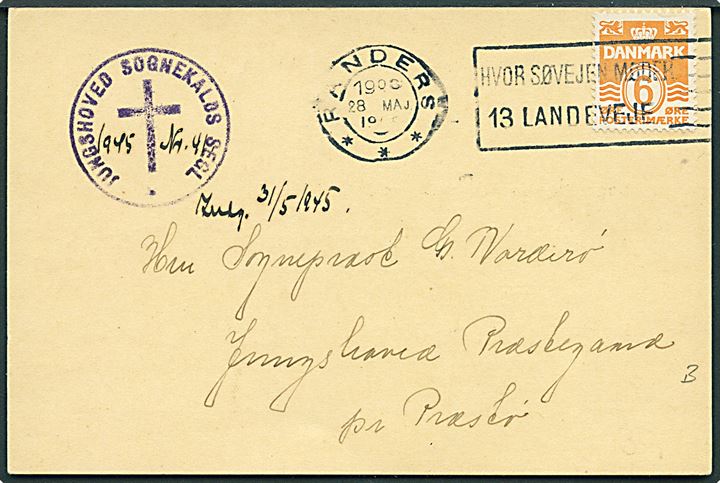 6 øre Bølgelinie på tryksags-brevkort fra Randers d. 28.5.1945 til Præstø. Kvittering for indbetaling af Nødhjælp til Europas evangeliske Kirker.