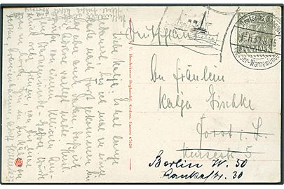 20 øre Karavel på brevkort (Dampfærgen Danmark) annulleret med skibsstempel Deutsche Seepost Gjedser - Warnemünde d. 30.8.1935 til Berlin.