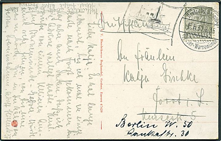 20 øre Karavel på brevkort (Dampfærgen Danmark) annulleret med skibsstempel Deutsche Seepost Gjedser - Warnemünde d. 30.8.1935 til Berlin.