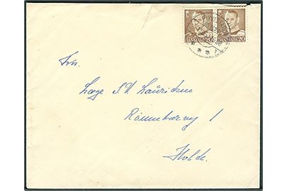 20 øre Fr. IX i parstykke på brev stemplet Flyvestation Værløse sn1 d. 1.10.1953 til Holte.