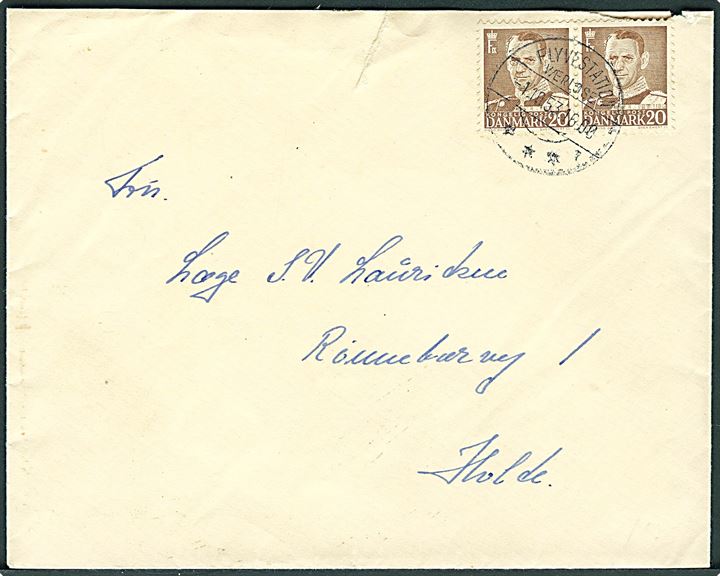 20 øre Fr. IX i parstykke på brev stemplet Flyvestation Værløse sn1 d. 1.10.1953 til Holte.