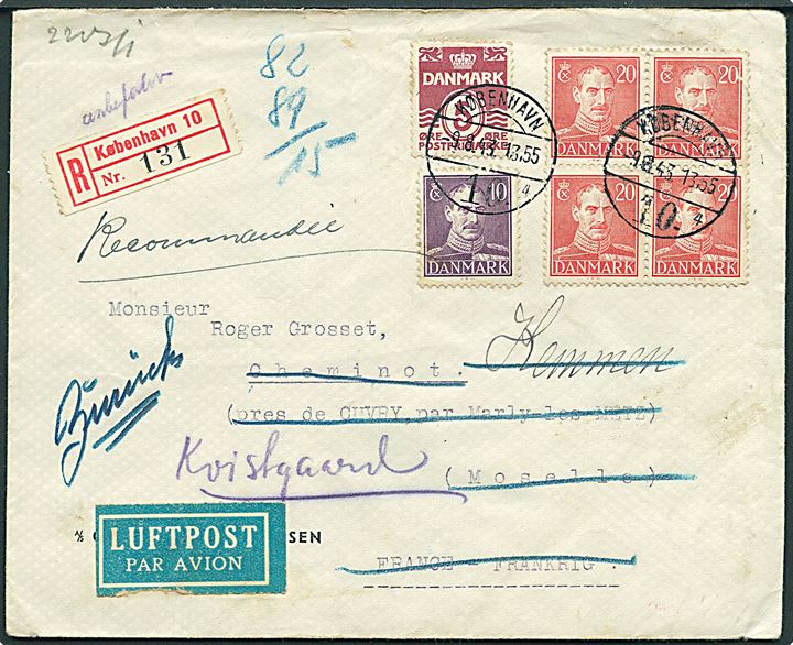 5 øre Bølgelinie, 10 øre og 20 øre (4) Chr. X på anbefalet luftpostbrev fra København d. 9.8.1943 til Cheminot, Frankrig. Retur som ubekendt. Åbnet af tysk censur i Berlin.