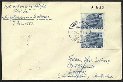 40 øre blå Verdenspostforeningen på luftpost brev fra København d. 7.12.1951 til Sydney, Australien.