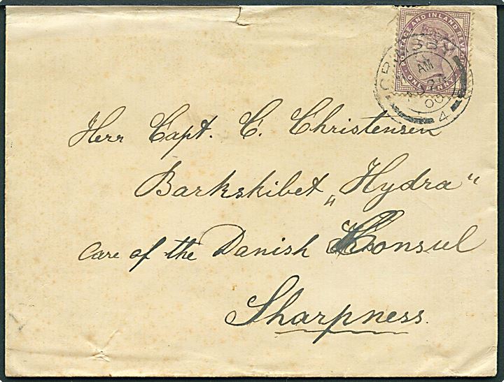 1d Victoria på brev fra Grimsby d. 24.8.1900 til Capt. C. Christensen, Barkskibet Hydra c/o Danske konsulat i Sharpness.