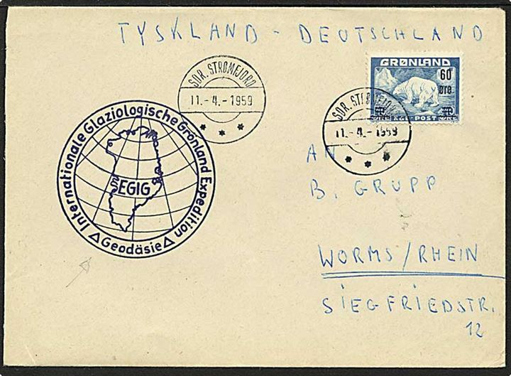 60/40 øre blå isbjørn på brev fra  Sdr. Strømfjord d. 11.4.1959 til Worms, Tyskland. Særstempel fra Geodædisk ekspedition.
