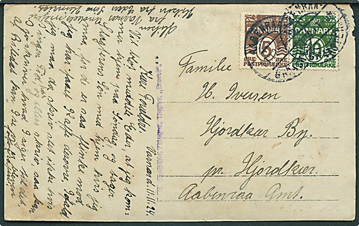 5 øre og 10 øre Bølgelinie på brevkort (Varnæs Andelsmejeri) annulleret med sjældent bureaustempel Aabenraa - Graasten sn2 T.08 d. 11.11.1924 til Hjordkær. 