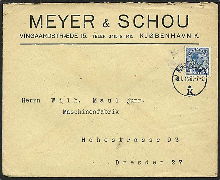 20 øre blå Chr. X singelfrankatur på brev fra København d. 8.1.1916 til Dresden, Tyskland. Mærket med perfin M 32 - Meyer & Schou.