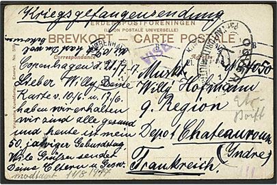 Ufrankeret brevkort (Parti fra Humlebæk) fra KJØBENHAVN 1.7.1917 til sønderjysk krigsfange i fransk fangenskab i Depot Chateauroux. To forskellige censurstempler