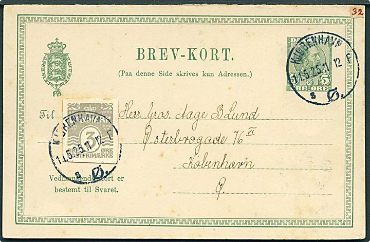 10 øre Chr. IX spørgedel af dobbelt helsagsbrevkort opfrankeret med 3 øre helsagsafklip sendt lokalt i Kjøbenhavn d. 11.5.1925. Vedhængende ubenyttet svardel.pc