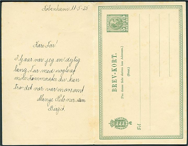10 øre Chr. IX spørgedel af dobbelt helsagsbrevkort opfrankeret med 3 øre helsagsafklip sendt lokalt i Kjøbenhavn d. 11.5.1925. Vedhængende ubenyttet svardel.pc