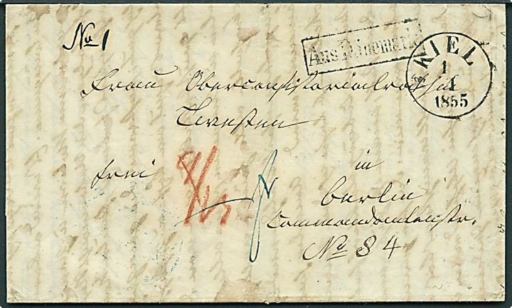1855. Frankobrev med antiqua Kiel d. 1.1.1855 via K.D.O.P.A. Hamburg til Berlin. Rammestempel Aus Dänemark. Fuldt indhold.
