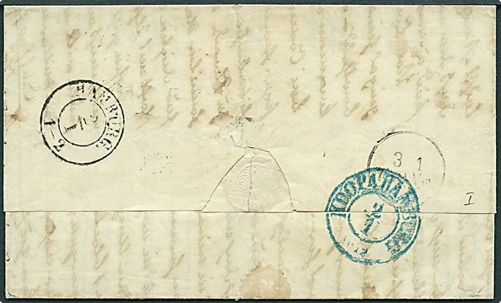 1855. Frankobrev med antiqua Kiel d. 1.1.1855 via K.D.O.P.A. Hamburg til Berlin. Rammestempel Aus Dänemark. Fuldt indhold.