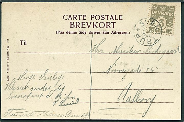 3 øre Bølgelinie på brevkort (Parti fra Svenstrup Kro) annulleret med stjernestempel SVENSTRUP til Aalborg.