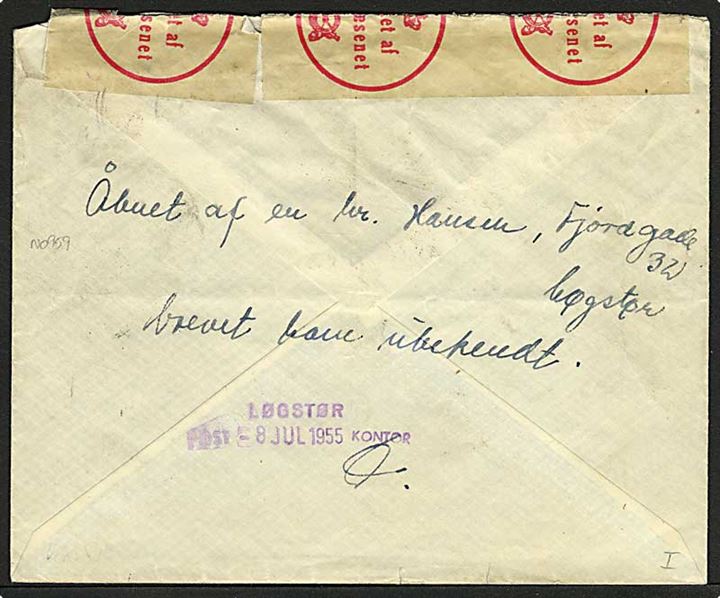 30 øre rød FR. IX på brev fra Aalborg d. 5.7.1955 til Nibe.Brevet åbnet og lukket af postvæsenet.