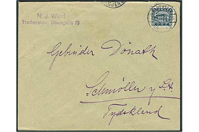 20 øre Genforening på brev fra Haderslev annulleret med bureaustempel Haderslev - Vojens T.1355 d. 21.11.1920 til Schmölln, Tyskland.