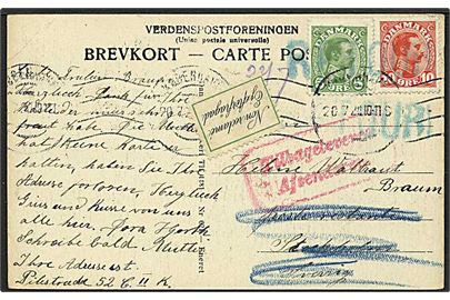 5 øre grøn og 10 øre rød Chr. X på postkort fra København d. 20.7.1920 til Stockholm, Sverige. Mærkat med Ej efterfrågad og returneret.