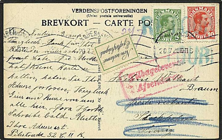 5 øre grøn og 10 øre rød Chr. X på postkort fra København d. 20.7.1920 til Stockholm, Sverige. Mærkat med Ej efterfrågad og returneret.