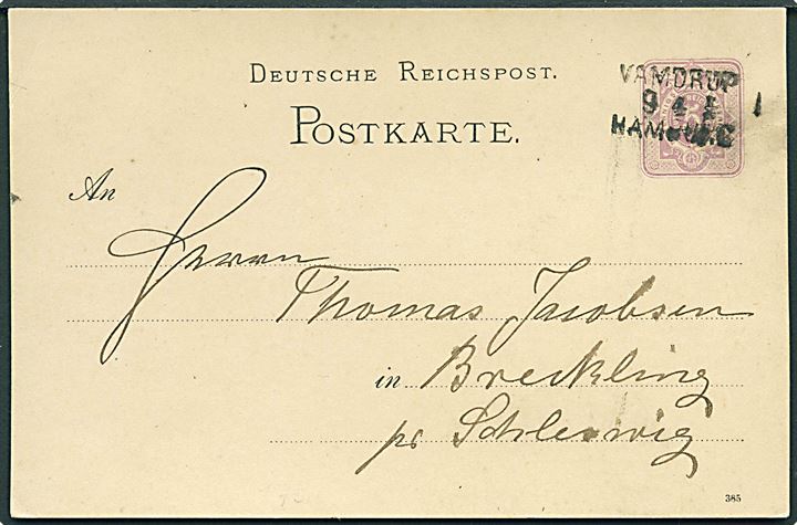 5 pfg. helsagsbrevkort fra Flensburg annulleret med bureaustempel Vamdrup - Hamburg d. 9.4.18xx til Schleswig.