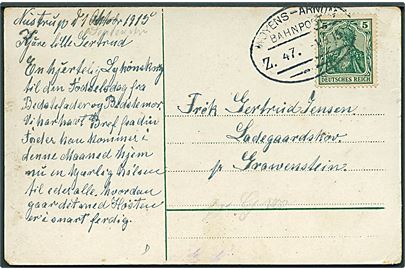 5 pfg. Germania på brevkort dateret Nustrup annulleret med bureaustempel Woyens - Arnum Bahnpost Zug 47 d. 1.9.1915 til Ladegaardsskov pr. Graasten.