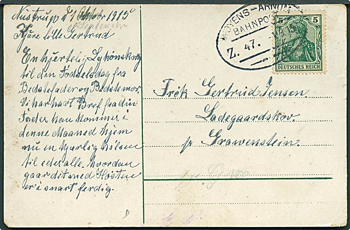 5 pfg. Germania på brevkort dateret Nustrup annulleret med bureaustempel Woyens - Arnum Bahnpost Zug 47 d. 1.9.1915 til Ladegaardsskov pr. Graasten.