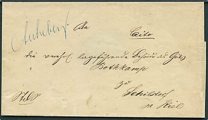 Ufrankeret tjenestebrev med håndskrevet bynavn Ascheberg til Schillsdorf pr. Kiel. Påskrevet Cito. På bagsiden bureaustempel Ascheberg - Kiel d. 27.10.186x.