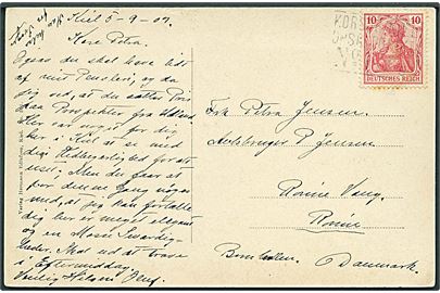 Tysk 10 pfg. Germania på brevkort (Kiel, Dänische Strasse med sporvogne) annulleret med skibsstempel Korsør - Kiel DPSK:POSTKT: No. 1 ca. 5.9.1907 til Rønne på Bornholm.