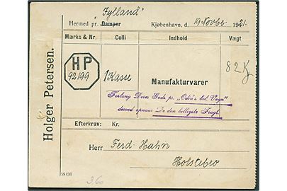 Fragtbrev fra firma Holger Petersen i Kjøbenhavn d. 19.11.1921 for forsendelse med dampskibet Jylland til Holstebro.