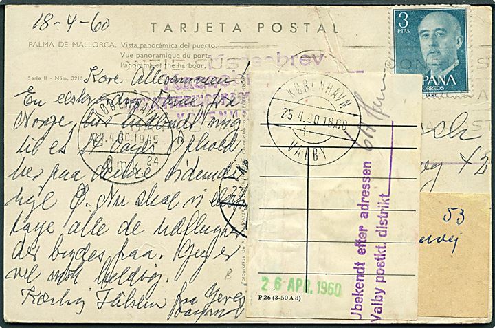 3 ptas. Franco på brevkort fra Palma de Mallorca d. 18.4.1960 til København, Danmark. Eftersendt flere gange med Forespørgselsetiket og stemplet Kassebrev. Folder.