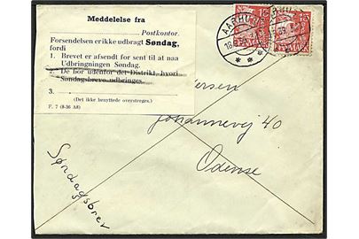 15 øre rød karavel på søndagsbrev fra Aarhus d. 18.6.1939 til Odense. Vignet angående for sent afsendelse.