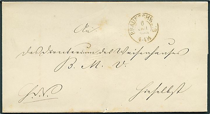 1863. Ufrankeret tjenestebrev stemplet Braunschweig d. 6.1.1863.