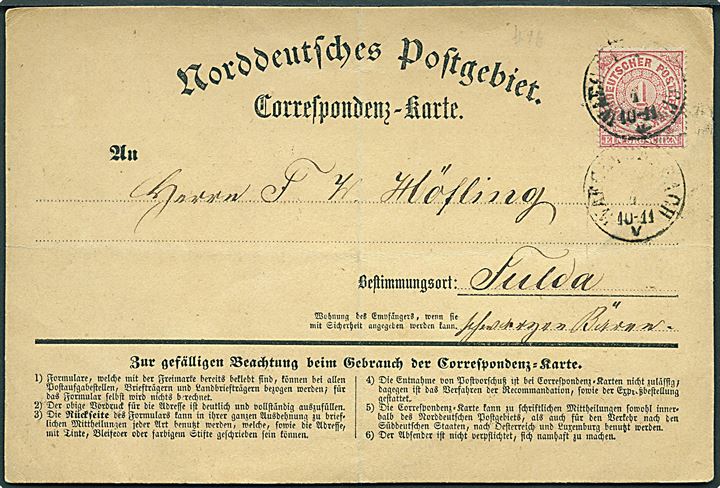 1 gr. på Correspondenz-Karte stemplet Wat.... d. 18.1.1871 til Fulda. Fold.