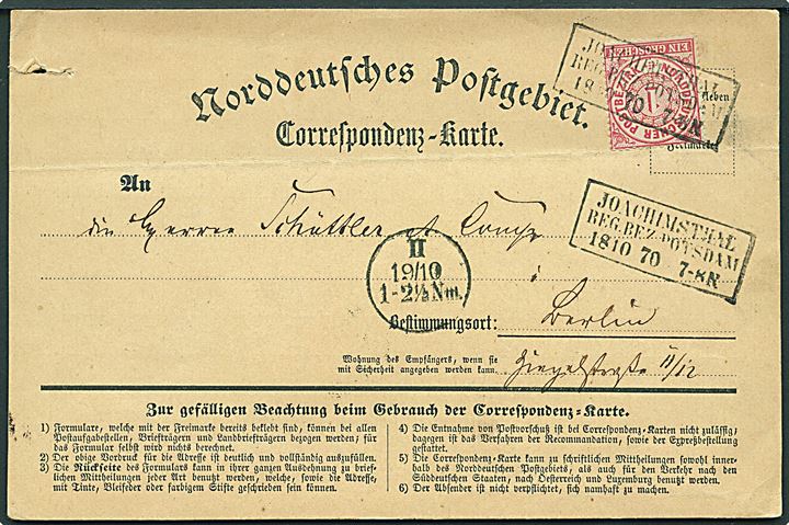 1 gr. på Correspondenz-Karte annulleret med rammestempel Joachimsthal Reg.Bez. Potsdam d. 18.10.1870 til Berlin.