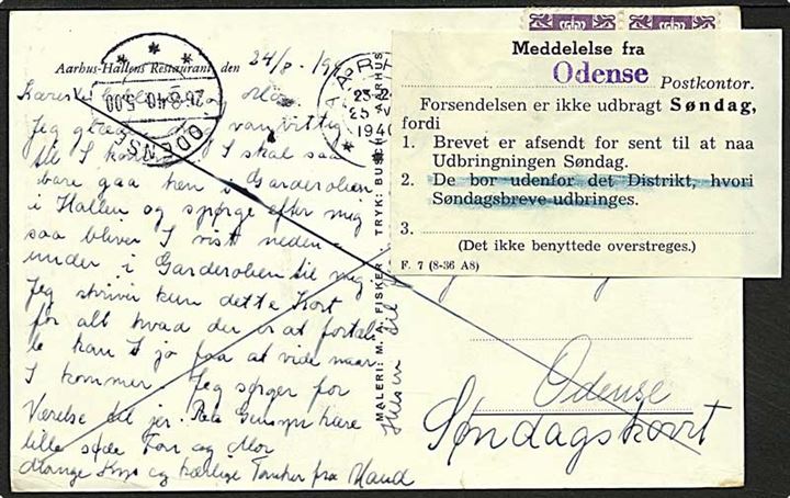 10 øre violet bølgelinie på søndagspostkort fra Aarhus d. 25.8.1940 til Odense. Vignet angående for sent afsendelse.