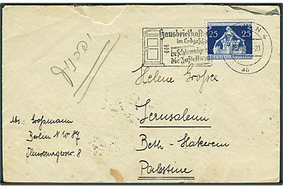25 pfg. VI. Internat. Gemeindekongress 1936 på brev fra Berlin d. 23.10.1936 til Jerusalem, Palestina. Åbnet af tysk toldkontrol.