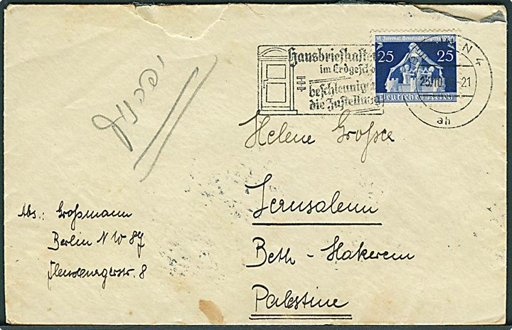 25 pfg. VI. Internat. Gemeindekongress 1936 på brev fra Berlin d. 23.10.1936 til Jerusalem, Palestina. Åbnet af tysk toldkontrol.