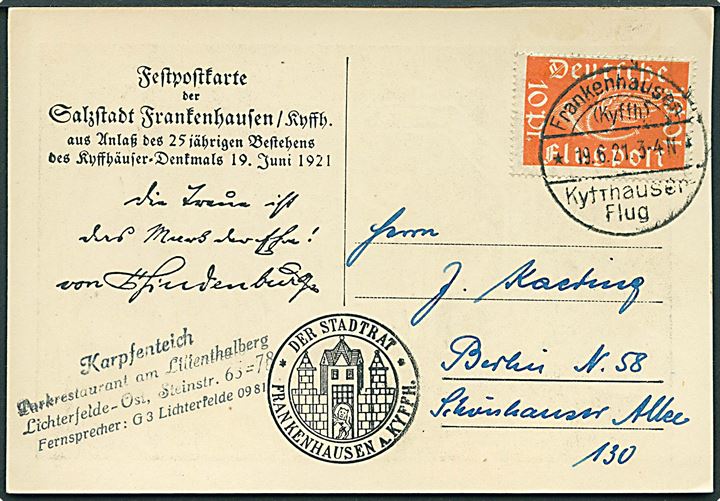 10 pfg. Luftpost på Festpostkarte annulleret med flyvningsstempel Frankenhausen (Kyffh.) Kyffhäuser-Flug d. 19.6.1921 til Berlin.