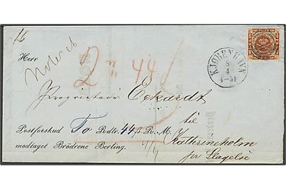 4 sk. stukken kant single på brev med Postforskud fra Kjøbenhavn d. 8.4.1863 til Kathrineholm pr. Slagelse.