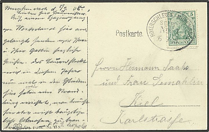 5 pfg. Germania på brevkort annulleret med skibsstempel Hoyerschleuse - Munkmarsch Seepost No. 1 d. 6.9. 1908 til Kiel.