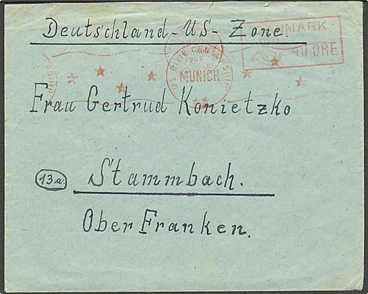 40 øre Posthus-franko frankeret brev fra København d. 9.8.1946 til Stammbach, Tyskland. Fra tysk flygtning med rødt rammestempel: Lejr Nr. 130 Kløvermarken Amager. Amerikansk efterkrigscensur fra Tyskland.
