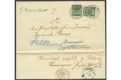 5 pfg. Ciffer (2) på portopligtig tjenestesag fra Flensburg d. 17.2.1892 til Harrislee eftersendt til Padborg med blåt ank.stempel Pattburg d. 17.2.1892 på bagsiden. 