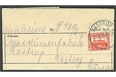 10 øre Genforening på telegram fra Mannheim, Tyskland stemplet Kastrup d. 3.3.1921 til Kastrup. 2 arkivhuller.