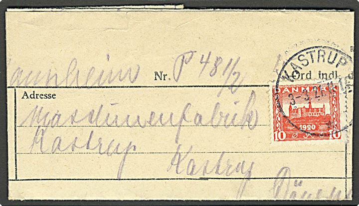 10 øre Genforening på telegram fra Mannheim, Tyskland stemplet Kastrup d. 3.3.1921 til Kastrup. 2 arkivhuller.
