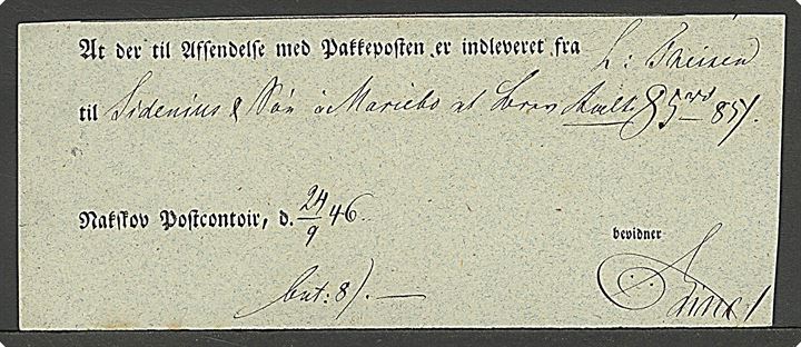 1846. Kvittering fra Nakskov Postcontoir d. 24.9.1846 for forsendelse med Pakkeposten til Maribo.