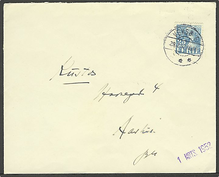 25 øre Feriemærke anvendt som frankering på brev fra Veksø S. d. 29.2.1952 (Skuddag) til Aarhus. Brevet er ikke blevet udtakseret i porto.