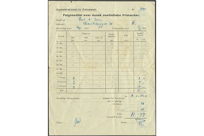 Generaldirektoratet for Postvæsnet, Følgeseddel over dansk vestindiske Frimærker med bestilling af 1 fr., 2 fr. og 5 fr. udgaver dateret d. 19.6.1917. Rift.